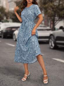 SHEIN LUNE Floral Print Knot Front Dress - Blue - View 3