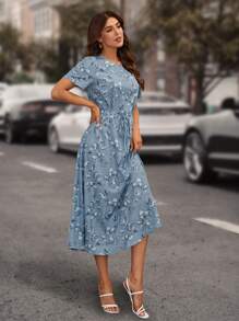 SHEIN LUNE Floral Print Knot Front Dress - Blue - View 6