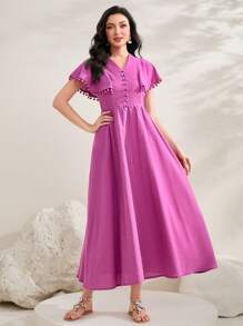 Seusyu Pompom Kant Knappar Framtill Klänningar - Blåröd - Visa 2