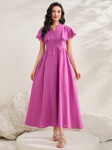 Seusyu Pompom Kant Knappar Framtill Klänningar - Blåröd - Visa 5