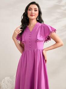 Seusyu Pompom Kant Knappar Framtill Klänningar - Blåröd - Visa 6