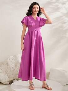 Seusyu Pompom Kant Knappar Framtill Klänningar - Blåröd - Visa 7