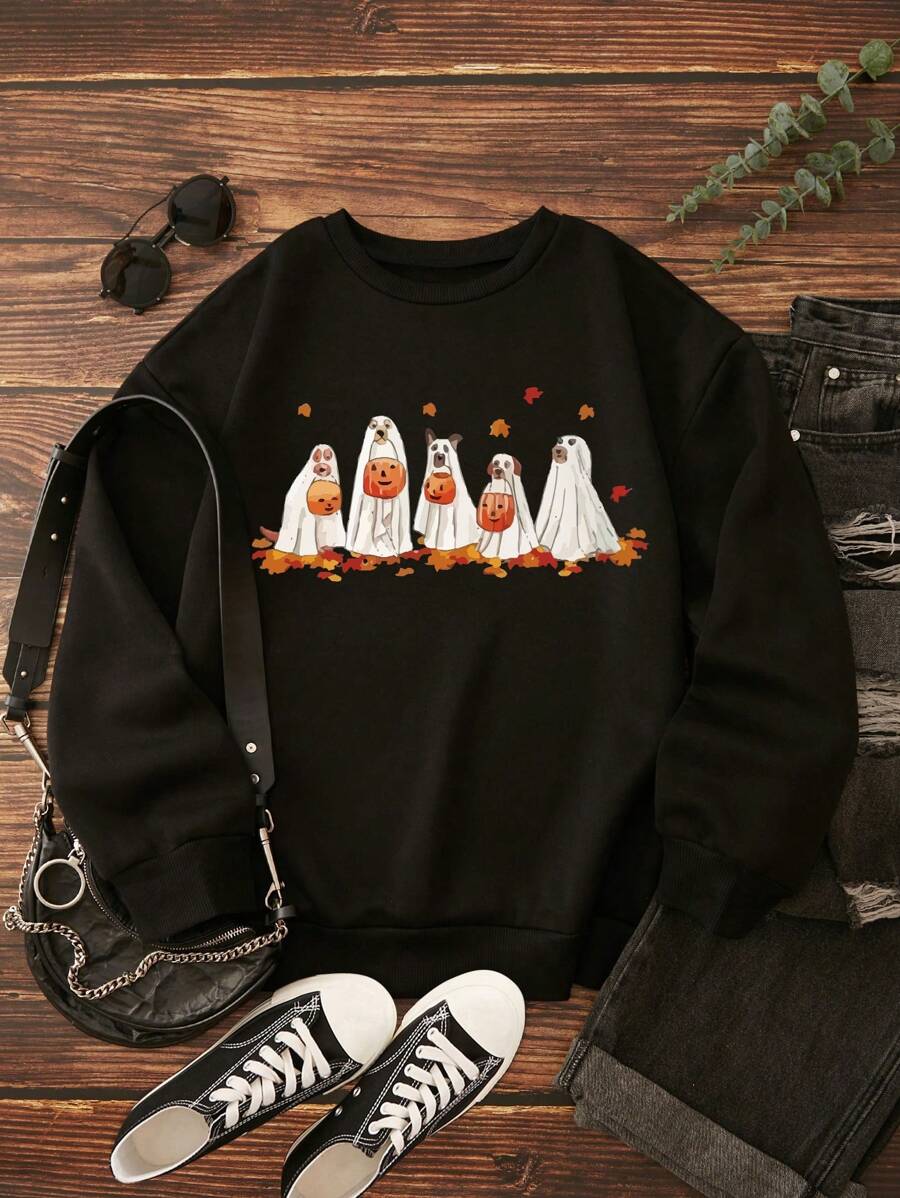 SHEIN EZwear Plus Halloween Print Thermal Lined Sweatshirt - Black - View 1