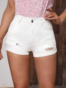 SHEIN PETITE Ripped Roll Up Hem Denim Shorts