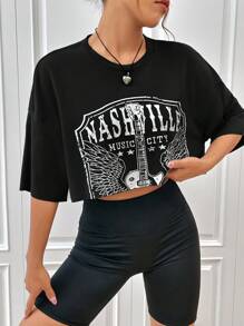 SHEIN EZwear Camiseta crop con estampado de letra de hombros caídos - Negro - Ver 4