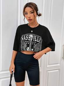 SHEIN EZwear Camiseta crop con estampado de letra de hombros caídos - Negro - Ver 5