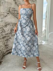 SHEIN Privé Vestido de tirantes jacquard con abertura de espalda abierta - Neblina azul - Ver 1