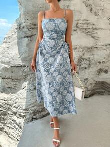 SHEIN Privé Vestido de tirantes jacquard con abertura de espalda abierta - Neblina azul - Ver 3