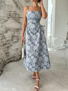 SHEIN Privé Vestido de tirantes jacquard con abertura de espalda abierta - Neblina azul - Ver 4