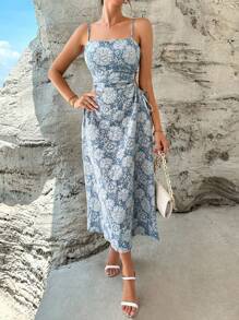 SHEIN Privé Vestido de tirantes jacquard con abertura de espalda abierta - Neblina azul - Ver 5