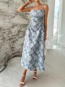 SHEIN Privé Vestido de tirantes jacquard con abertura de espalda abierta - Neblina azul - Ver 6