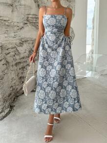 SHEIN Privé Vestido de tirantes jacquard con abertura de espalda abierta - Neblina azul - Ver 7