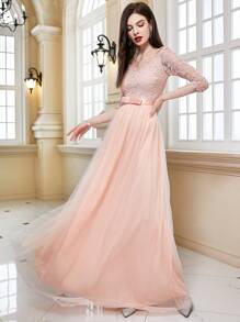 Contrast Lace Mesh Hem Formal Dress - Coral Pink - View 1