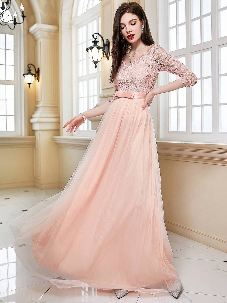 Contrast Lace Mesh Hem Formal Dress - Coral Pink - View 1