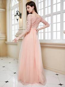 Contrast Lace Mesh Hem Formal Dress - Coral Pink - View 2