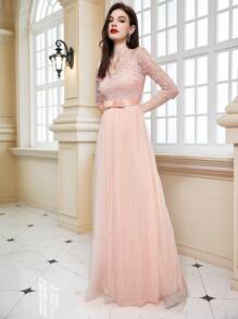 Contrast Lace Mesh Hem Formal Dress - Coral Pink - View 3