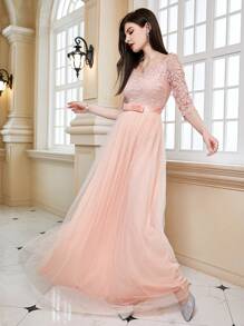 Contrast Lace Mesh Hem Formal Dress - Coral Pink - View 6