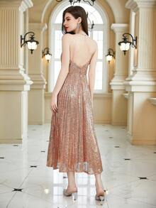 Solid Pleated Hem Sequin Cami Dress - Gold - View 2