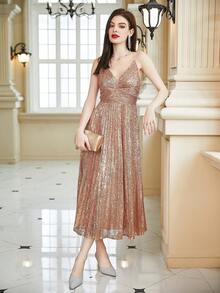 Solid Pleated Hem Sequin Cami Dress - Gold - View 6