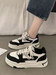 가을/겨울 여성용 패셔너블 다용도 통기성 편안한 미끄럼 방지 캐주얼 스니커즈, 블랙 & 화이트 패치워크 라운드 토