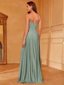 Váy dự tiệc dài chấm đất cổ chéo siêu mỏng thanh lịch dành cho nữ - Chất liệu dệt kim co giãn nhẹ, xẻ tà cao và dáng ôm vừa vặn cho đám cưới, tiệc tối và sự kiện trang trọng - màu xanh lá - Xem 2