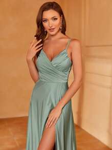 Váy dự tiệc dài chấm đất cổ chéo siêu mỏng thanh lịch dành cho nữ - Chất liệu dệt kim co giãn nhẹ, xẻ tà cao và dáng ôm vừa vặn cho đám cưới, tiệc tối và sự kiện trang trọng - màu xanh lá - Xem 4