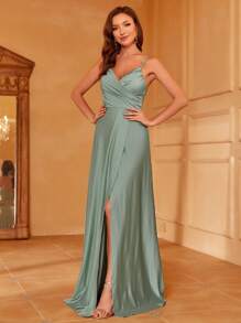 Váy dự tiệc dài chấm đất cổ chéo siêu mỏng thanh lịch dành cho nữ - Chất liệu dệt kim co giãn nhẹ, xẻ tà cao và dáng ôm vừa vặn cho đám cưới, tiệc tối và sự kiện trang trọng - màu xanh lá - Xem 6