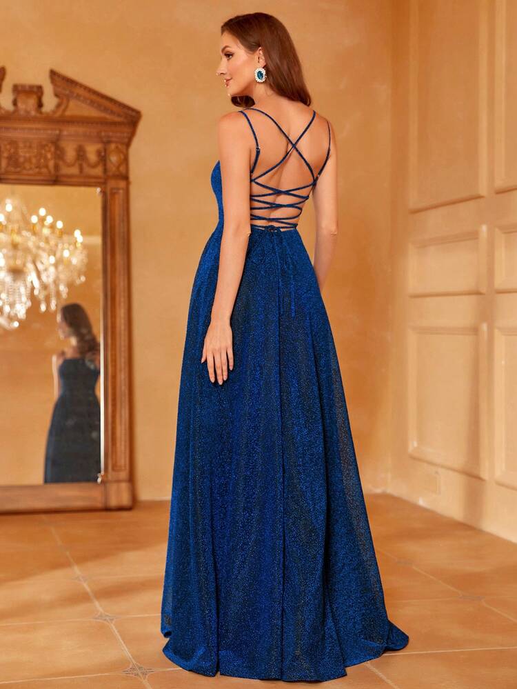 Faeriesty 素色高衩吊帶正式連衣裙 - 藏蓝色 - 查看 2