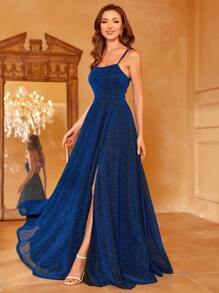 Faeriesty 纯色开叉大腿吊带礼服优雅舞会晚会婚礼宾客礼服，适合毕业典礼、晚宴派对礼服 - 藏蓝色 - 查看 1