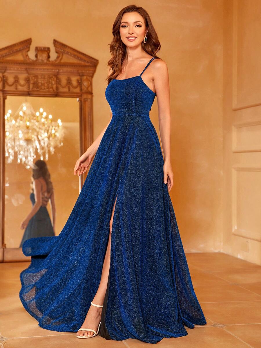 Faeriesty 纯色开叉大腿吊带礼服优雅舞会晚会婚礼宾客礼服，适合毕业典礼、晚宴派对礼服 - 藏蓝色 - 查看 1