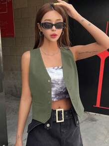 DAZY Solid Button Front Vest Blazer Buisness Attire