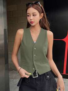 DAZY Solid Button Front Vest Blazer Buisness Attire