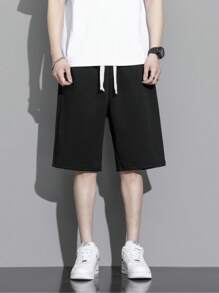 Men Drawstring Waist Shorts - Black - View 1