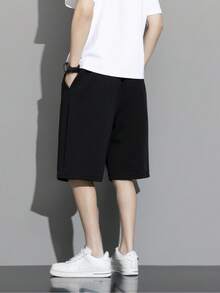 Men Drawstring Waist Shorts - Black - View 2