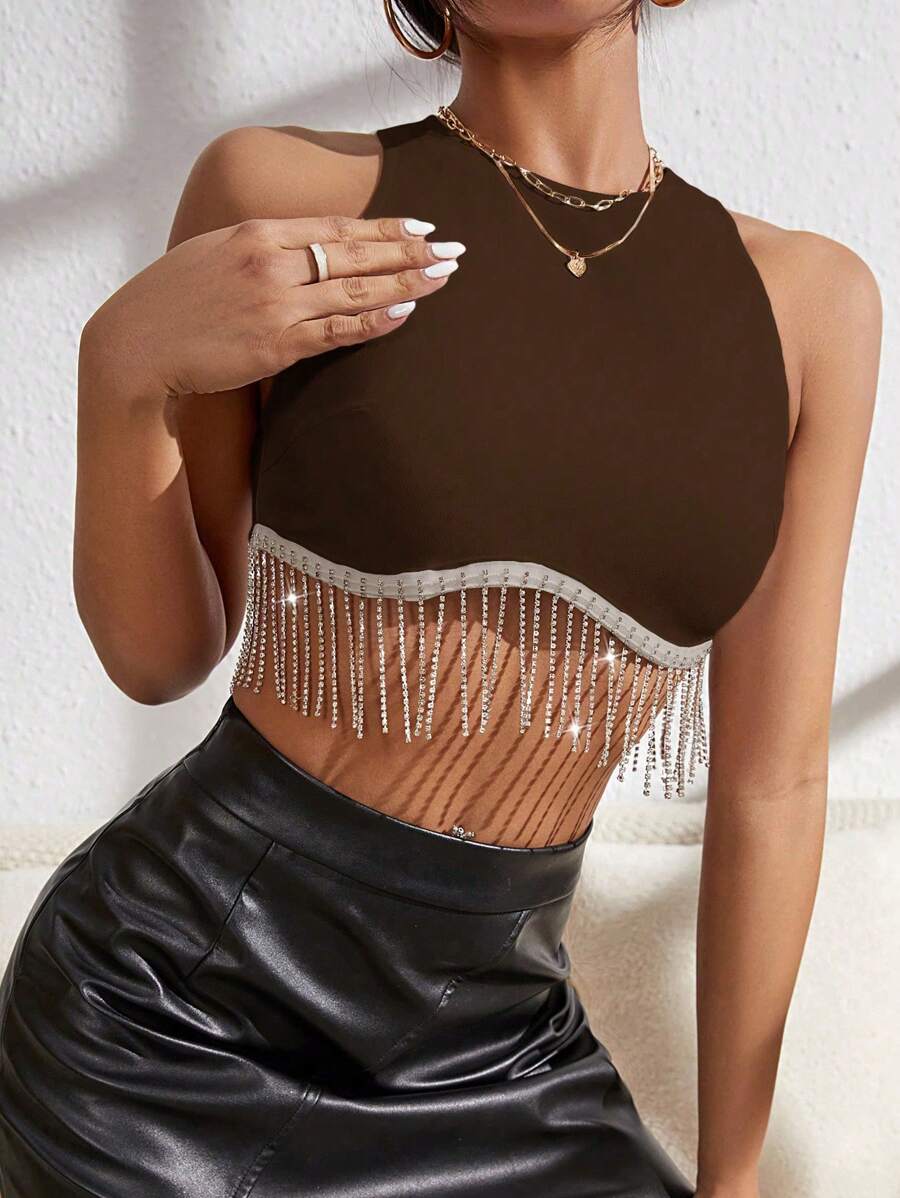 SHEIN BAE 水鑽流蘇下擺短款背心 - 咖啡棕 - 查看 1