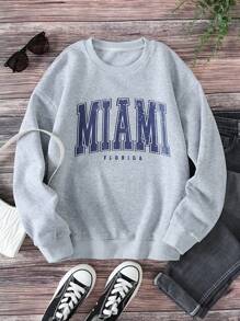 SHEIN EZwear 字母圖案加絨內裏運動衫 - 淺灰色 - 查看 1