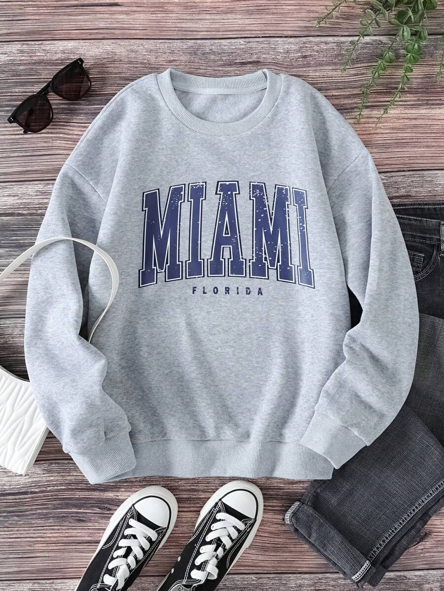 SHEIN EZwear 字母圖案加絨內裏運動衫 - 淺灰色 - 查看 1