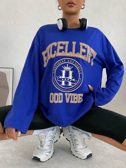 SHEIN EZwear Camiseta de hombros caídos con estampado de letra