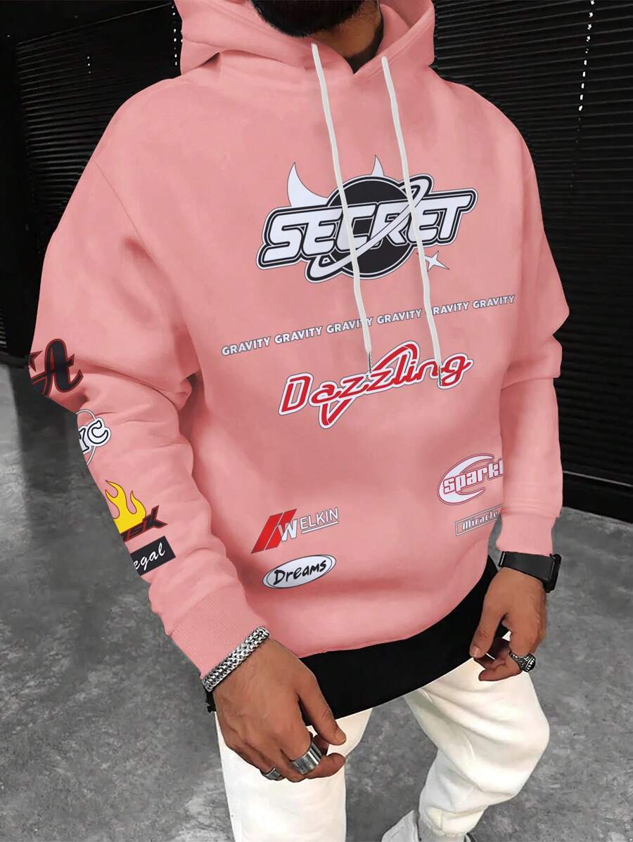 Manfinity EMRG Sudadera Con Capucha De Talla Grande Con Cordón, Diseño De Letra Gráfica Para Hombres - Rosa - Ver 1