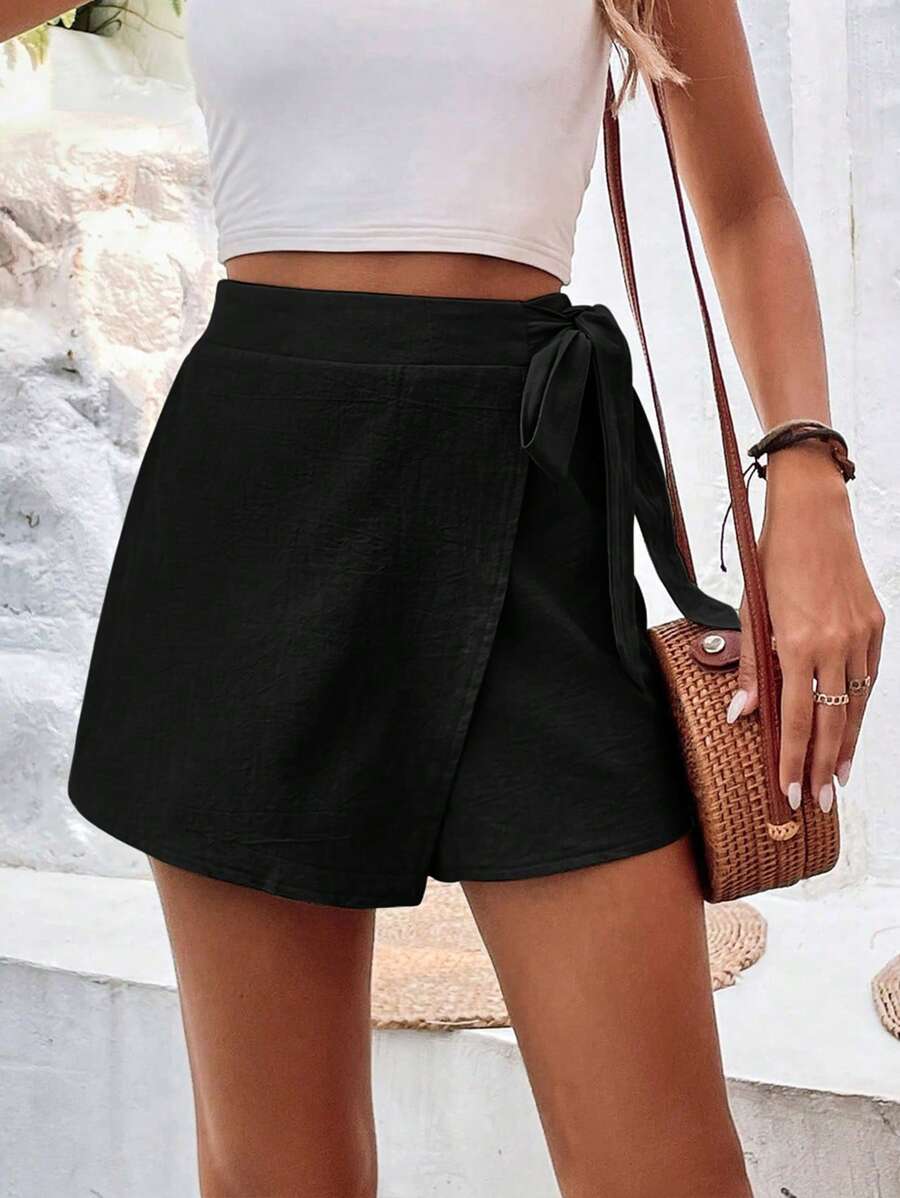 SHEIN Frenchy Chất rắn Nút ven Bọc Váy quần - màu đen - Xem 1