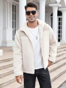 Men Contrast Panel Zip Up Teddy Jacket - Beige - View 1
