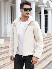 Men Contrast Panel Zip Up Teddy Jacket - Beige - View 5