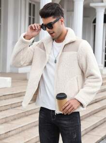 Men Contrast Panel Zip Up Teddy Jacket - Beige - View 6
