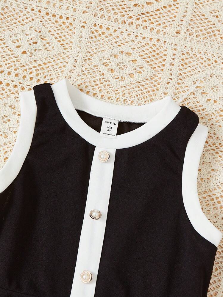 Tween Girl Contrast Trim Button Front Dress - Black - View 3