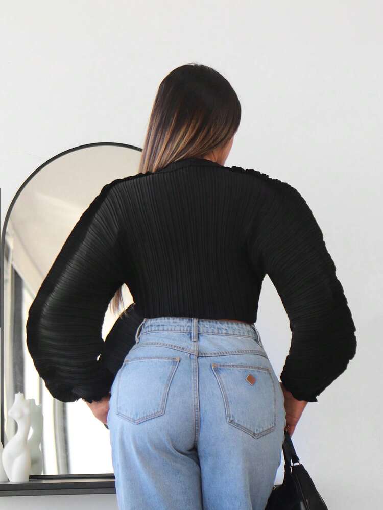 Solid Batwing Sleeve Crop Blouse