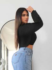 SHEIN SXY 素色蝙蝠袖短款襯衫 - 黑色 - 查看 4