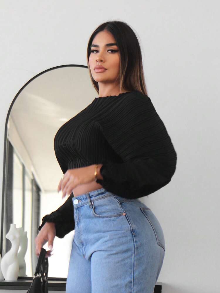 Solid Batwing Sleeve Crop Blouse