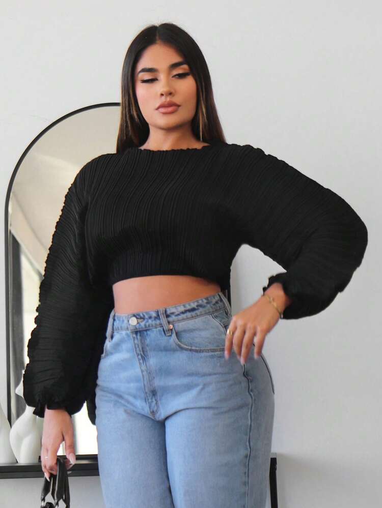 Solid Batwing Sleeve Crop Blouse