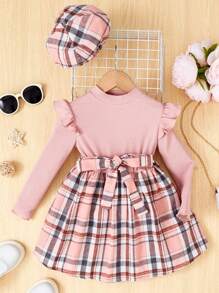 SHEIN 女小童格紋印花荷葉邊洋裝&帽 - 粉色 - 查看 1