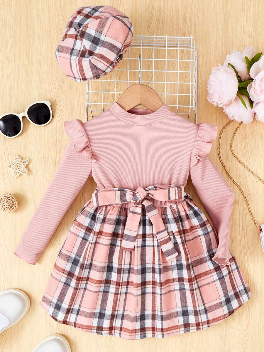 SHEIN 女小童格紋印花荷葉邊洋裝&帽 - 粉色 - 查看 1